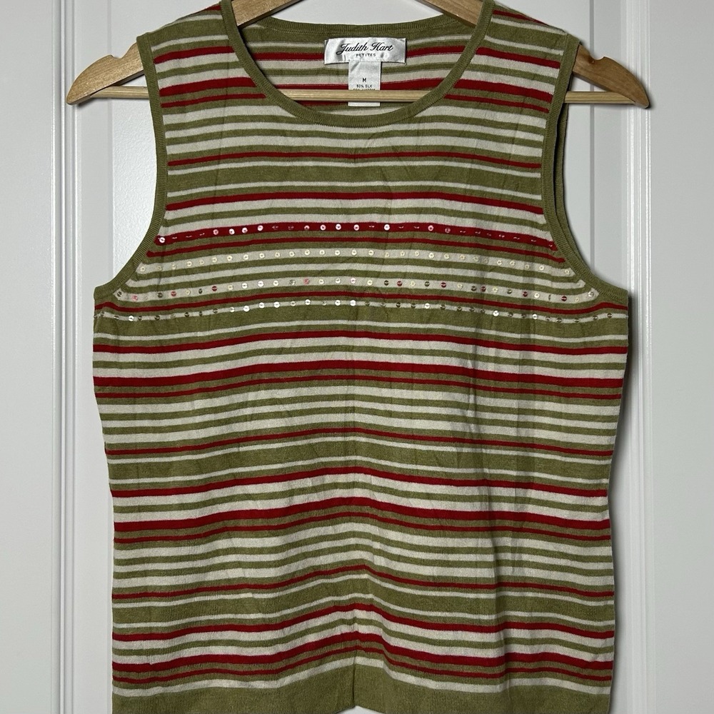 Judith Hart Petites Vintage Silk Blend Olive Cream Red Stripe Sequin Knit Top‎